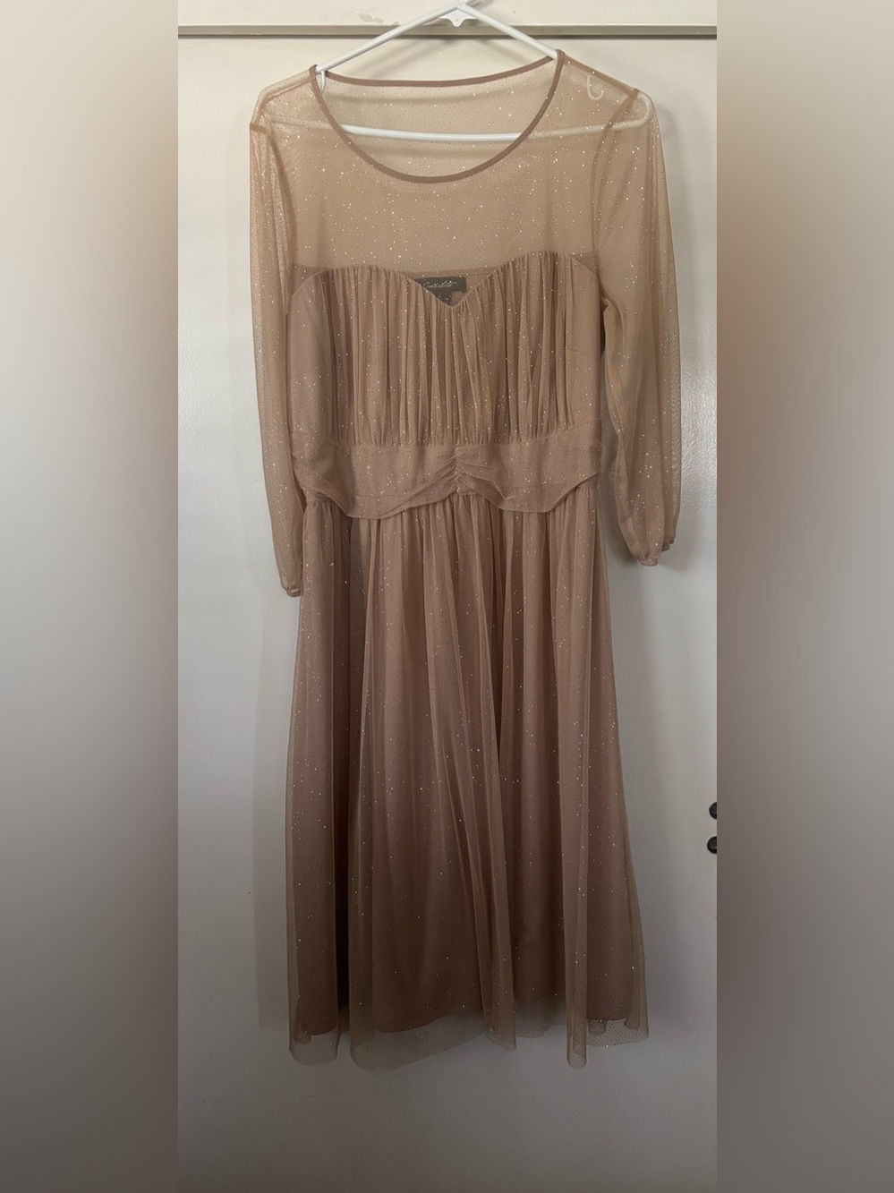 Elegant Sheer Sparkle Evening Gown in Champagne Stretchy Women’s Large